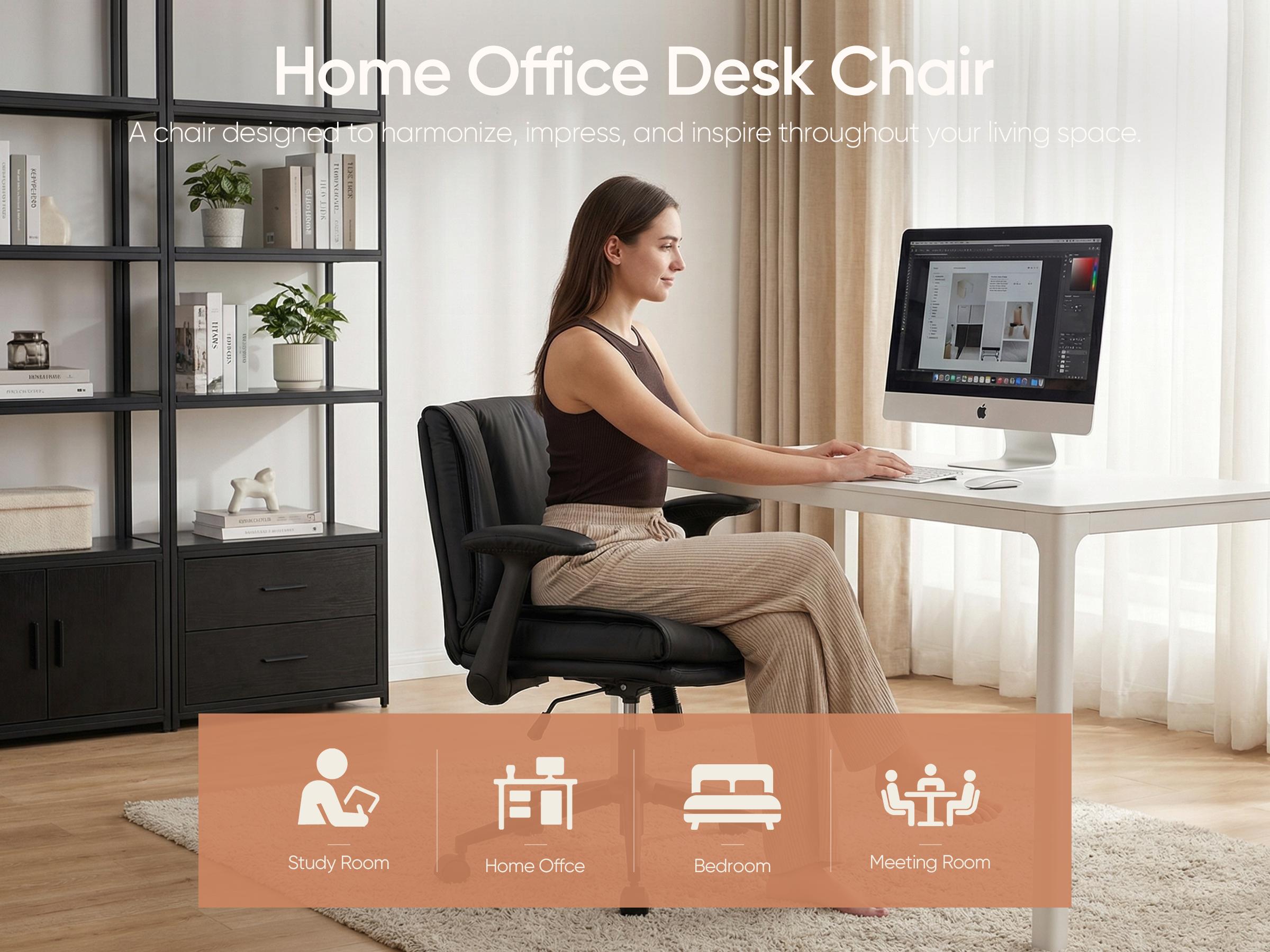 WELAX Criss Cross Office Chair with Flip-Up Armrests, Cross Legged Desk Chair on Wheels, Comfy Ergonomic Swivel Chair with Wide Seat for Home Office, Vanity, Accent, Black Leather