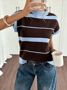 New Elegant Women's Outdoor Vest, Round Neck Colorblock Striped Sleeveless Knit Top, Casual Fitted Jacket for Spring Summer Fall, Womenswear