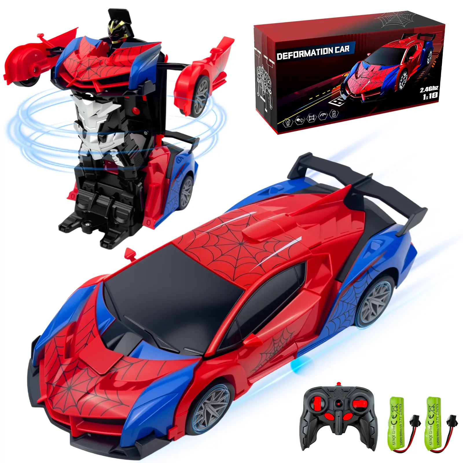 2.4Ghz Remote Control Transforming Toy Car - 1:18 Scale Spider Robot with 1-Button Auto Transform, 360° Rotation, Vibrant LED Underbody Lights, Remote Control Hobby Gift for Boys Ages 3-12 for Holiday Parties