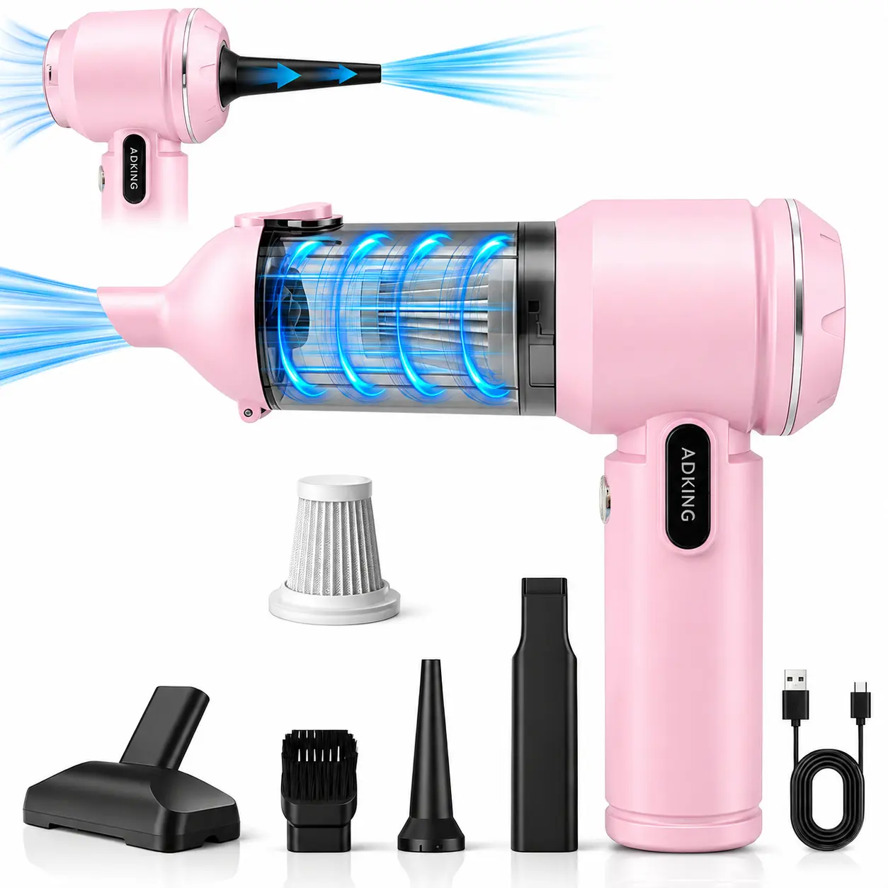 Cordless 2-in-1 Portable Handheld Vacuum Cleaner & Air Duster, 6000Pa Suction, 86000RPM Motor, 1-Touch Dust Emptying, Multi-Nozzles for Car, Home, Desk Cleaning pink