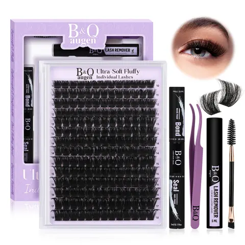 B&Q 200D Eyelash Clusters Kit, D-Curl Dramatic Soft Mega Thick Volume Individual Clusters, Waterproof Sleep-Proof DIY Cosmetic Lash Extensions, Week-Long Lasting Salon-Full Fake Lashes for Vacation #Falldealsforyou
