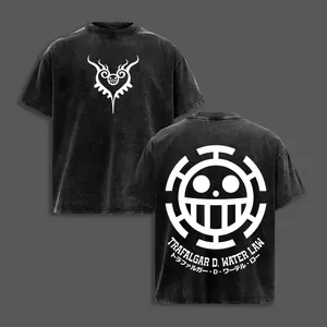 Vintage Washed Black One Piece Trafalgar Law Heart Pirates Jolly Roger Graphic T Shirt for Men Retro Anime Inspired Casual Short Sleeve Crewneck Oversized Streetwear Top for Fans