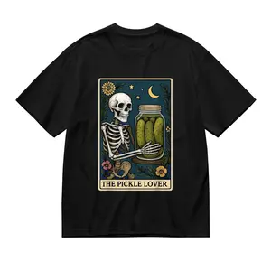 "The Pickle Lover" Tarot Card T-Shirt, Funny Skeleton Pickle Cotton Tee, Dark Humor Foodie Casual Top for Men Women