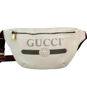 Pre-owned GUCCI Leather Crossbody Bags GG Logo White Large Bum Bag with Green Red Stripes and Gold Zip Closure Crossbody Bags