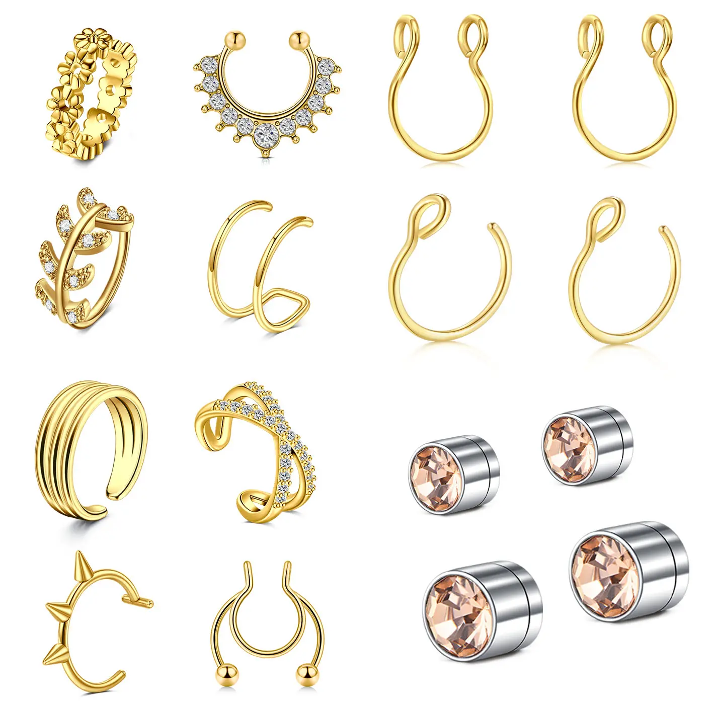 Fake Nose Rings Ear Cuffs Set Stainless Steel Faux Nose Hoops Magnetic Nose Studs Earrings For Halloween Party Black Silvery Golden