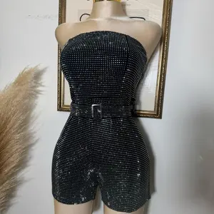 Strapless Rhinestone Romper With Belt - Black, Short Length, Summer Wear, Party Style, Plain Design