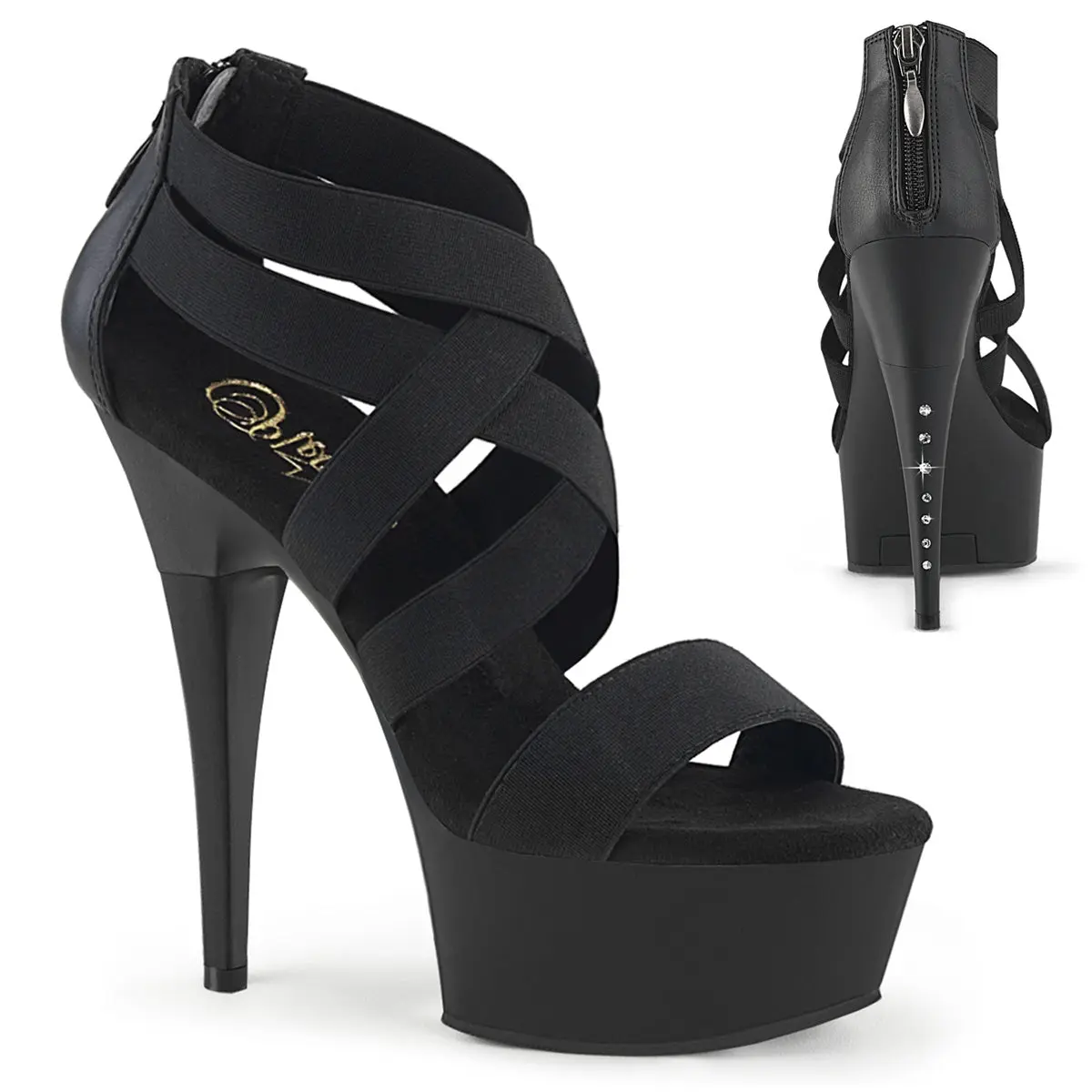 Pleaser Captiva-669 Women's Platform High Heel Sandals - Black Cross Footwear with Black Elastic Band, Zipper Closure Fashion Shoe, Sandal, Black Elastic Band/Black