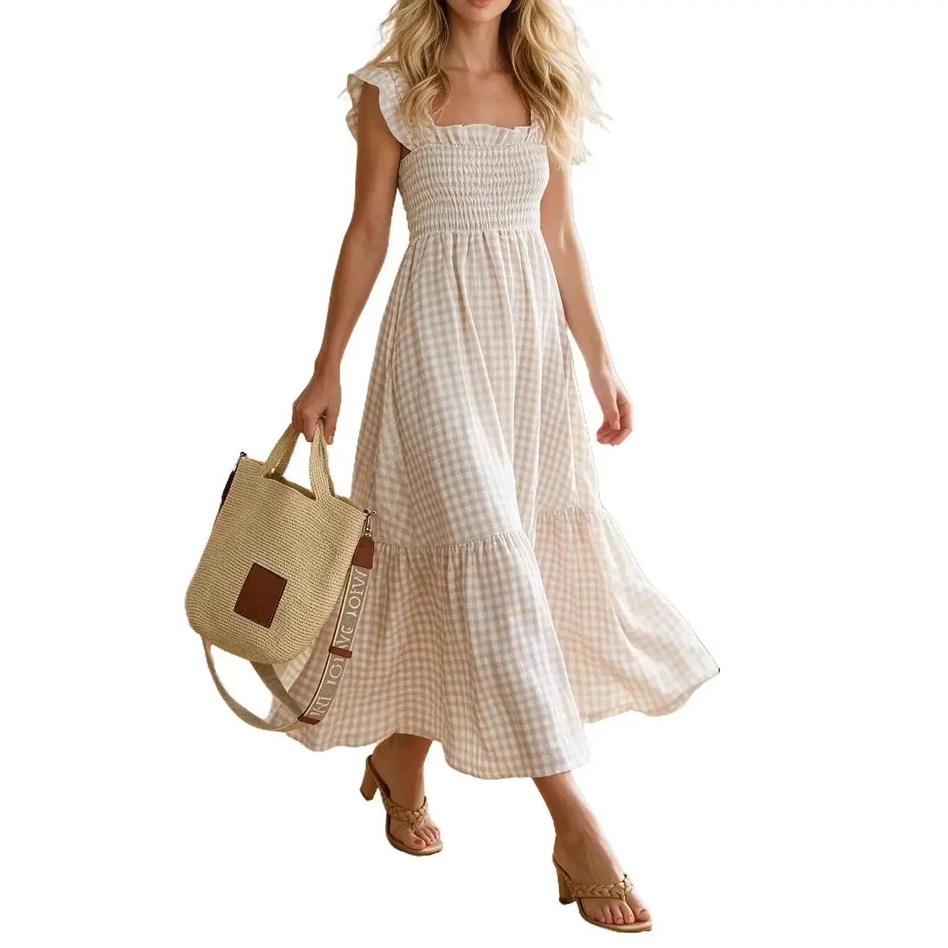 Women's Sweet Gingham Maxi Dress - Bohemian Style with a Square Neck, Ruffle Sleeves, and Smocked High Waist for Summer Streetwear