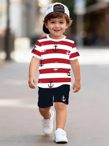 Boys' Printed T-Shirt Set, Nautical Style Casual Kids Clothing, Anchor Design, Cute Toddler, Outdoor Wear, Striped Sets