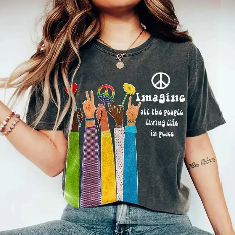 Women's Short-Sleeve Soft Breathable Round Neck Fabric T-Shirt - Beatles "Imagine All The People Living Life In Peace" Song Lyrics, John Lennon Music, Hippie Life Gift For Friend, Shortsleeve, Lady, Simple, Style, Top, Tshirt, Casual, Tops, Cotton, Thanks