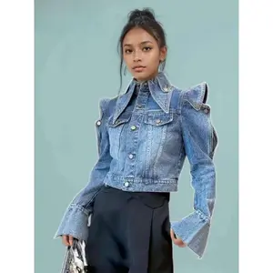 New Trendy Women's Ruffled Edge Off-shoulder Design Denim Coat 2024 Autumn Fashion Lapel Long Sleeve Jacket Female 33A1708 Can be used with a raincoat