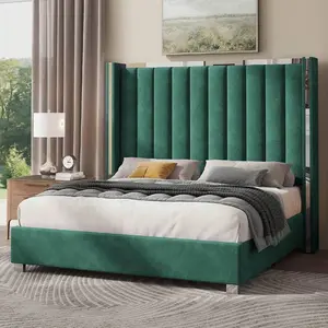 Velvet Upholstered Bed Frame, 58-in Tall Channel Tufted Wingback Headboard with Plating Trim - Platform Design, No Box Spring Required