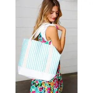 Seafoam Stripe Structured Large Canvas Tote