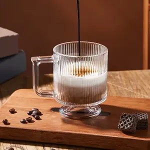 4-Pack High-Quality Glass Coffee Cups with Handles, 10oz Traditional Vertical Striped Tea Cup Set, Vintage Transparent Drinkware