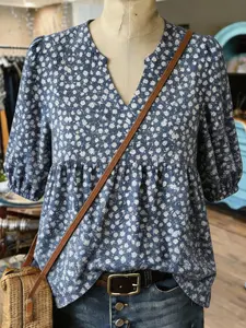 Plus Size French Floral V Neck Babydoll Top, Spring Summer Loose Bubble Sleeve Ruffle Hem Shirt, Slimming Upper Garment