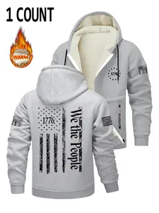 Men's Fleece Loose Hoodie Jacket Long Sleeve Sweatshirts with Flag Graphic Print Design, Soft Thick Fabric for Fall Winter Casual Wear, Essential Simple Wardrobe Staple
