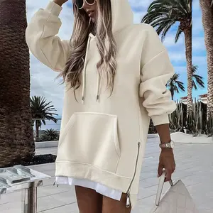 ChicMe Long Sleeve Pocket Design Pullover Sweatshirt Casual Faux Two Piece Longline Drawstring Hooded Top