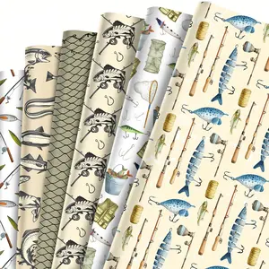 12 Sheets Outdoor Fishing Gear & Shark Pattern Wrapping Paper - Designed for Enthusiasts, Perfect for Special Gift Presentation & Themed Crafts