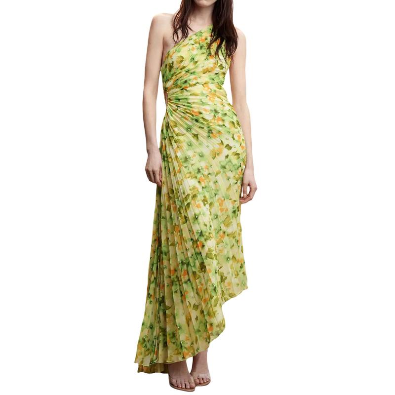 Emerald Green One-Shoulder Pleated Maxi Dress for Women - Sleeveless, Asymmetrical Hem, Floral Print, Perfect for Cocktail Parties & Formal Events, Emerald Dress