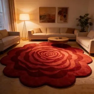 Boho Style Wine Rose Carpet, Irregular Petal Edge Non-Slip Rug, Large Size Living Room Coffee Table Mat, Vintage Decorative Washable Floor Mat