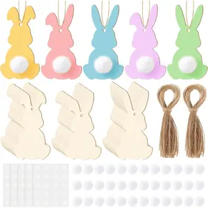 36 count Easter Unfinished Wood Bunny Cutouts Craft Hanging Rabbit Cutout Wooden Easter Bunny Craft Rabbit Craft Tags with 36 White Felt Balls 60 Adhesive Dots 36 Ropes for Decorations Ornament