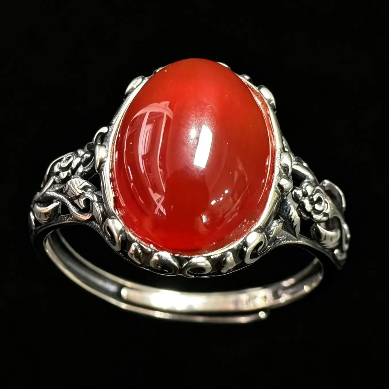 925 Sterling Silver Adjustable Natural Carnelian Ring - Vintage Rose Vine Filigree, Oval Cabochon, Antique Oxidized, for Boho Wear