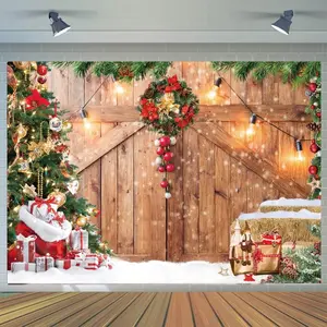 Christmas Barn Wood Door Photography Backdrop Xmas Tree Snow Gift Wall Floor Party Photo Background for Holiday New Year Party Banner Wooden Home Decoration Ornaments