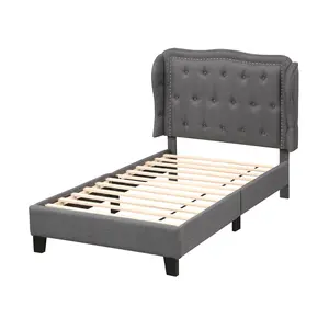 COSTWAY - Twin Size Bed Frame with Button Tufted Wingback Headboard and Storage Space-Gray