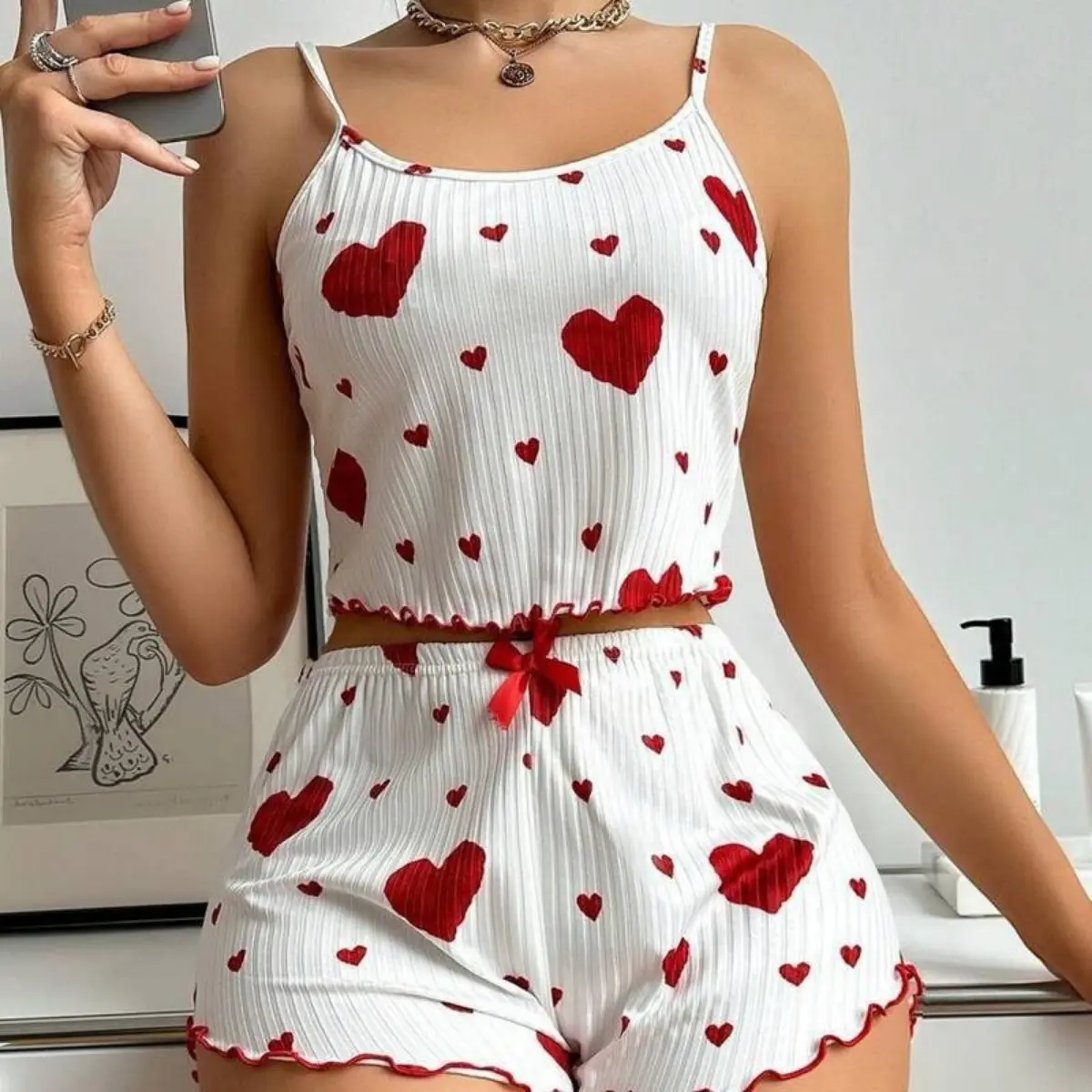 Women's Heart Print Pajama Set, Soft 2-Piece Knit Loungewear, Casual Nightwear with Ruffled Shorts and Spaghetti Strap Top, Fabric, Everyday, Lady, Style, Hearts, Elastane, Two Piece Sets, Ruffles