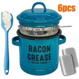 46oz Enamel Oil Keeper - Food-Grade Kitchen Gadget & Utensil with Filter, Tray, Lid, Silicone Spatula, Rustic Farmhouse Stainless Steel Oil Drain Container, Kitchen Gadgets, Utensils