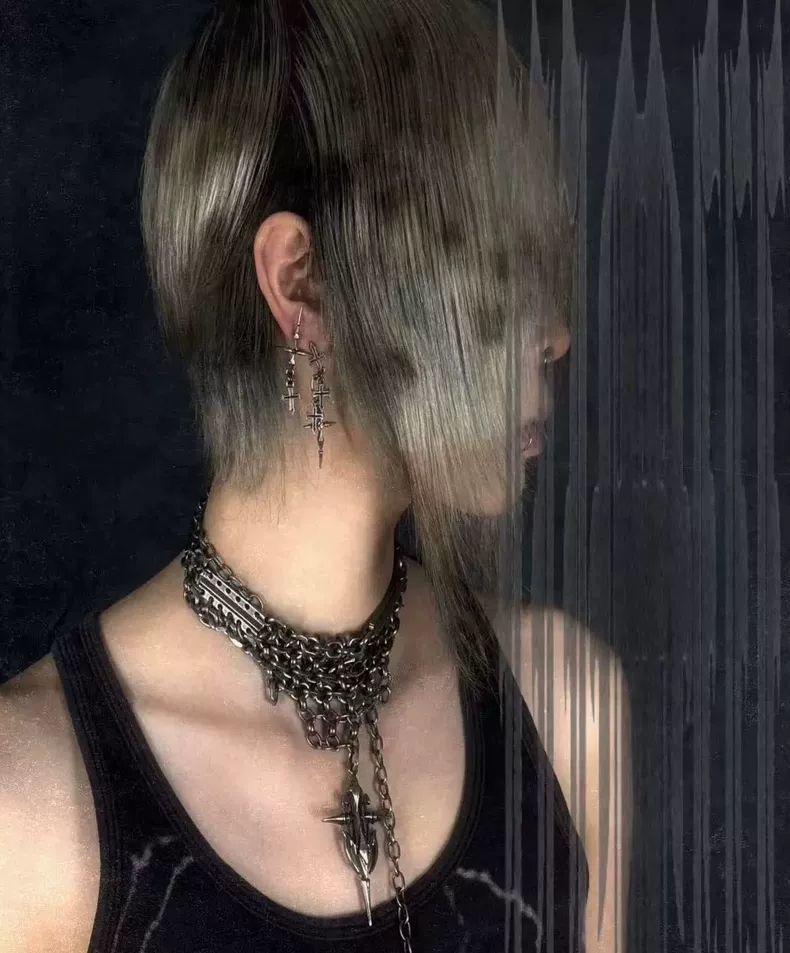 Gothic Punk Double Cross Chain Earrings Dark Cool Metal Piercing Jewelry for Gothic and Punk Fashion Enthusiasts Unique Edgy Look gifts