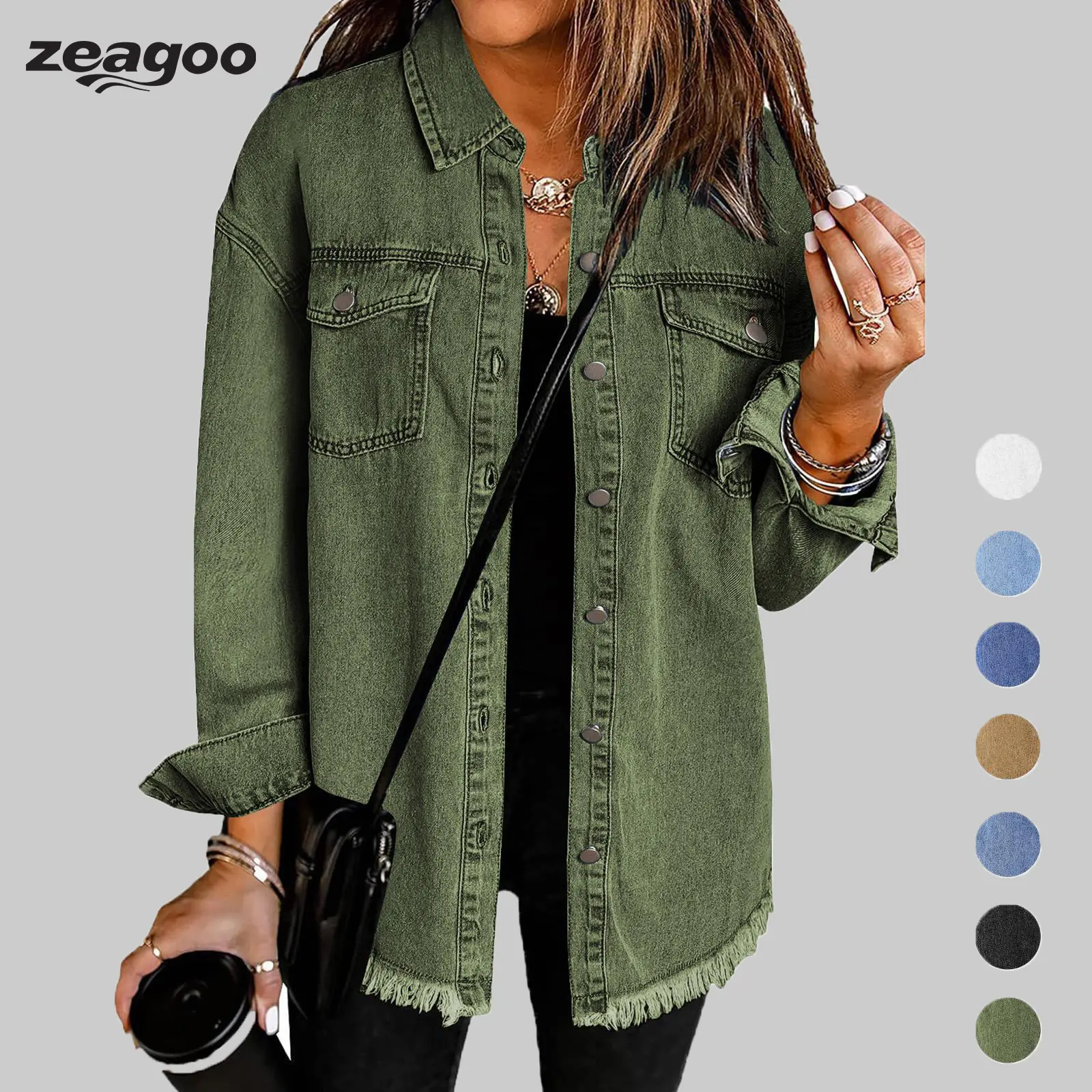 Women’s Jean Jackets for Women Ripped Fringe Denim Jean Jacket Casual Long Sleeve Pockets Jackets Coat Fabric Fashion Womenswear Soft  – Back to School Outfit Idea summerwins
