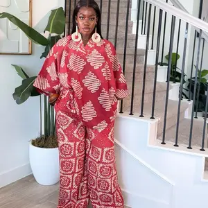 Adire Chic Two Piece Set for Everyday Errands - Red Batik Print Top & Wide Leg Pants Ensemble