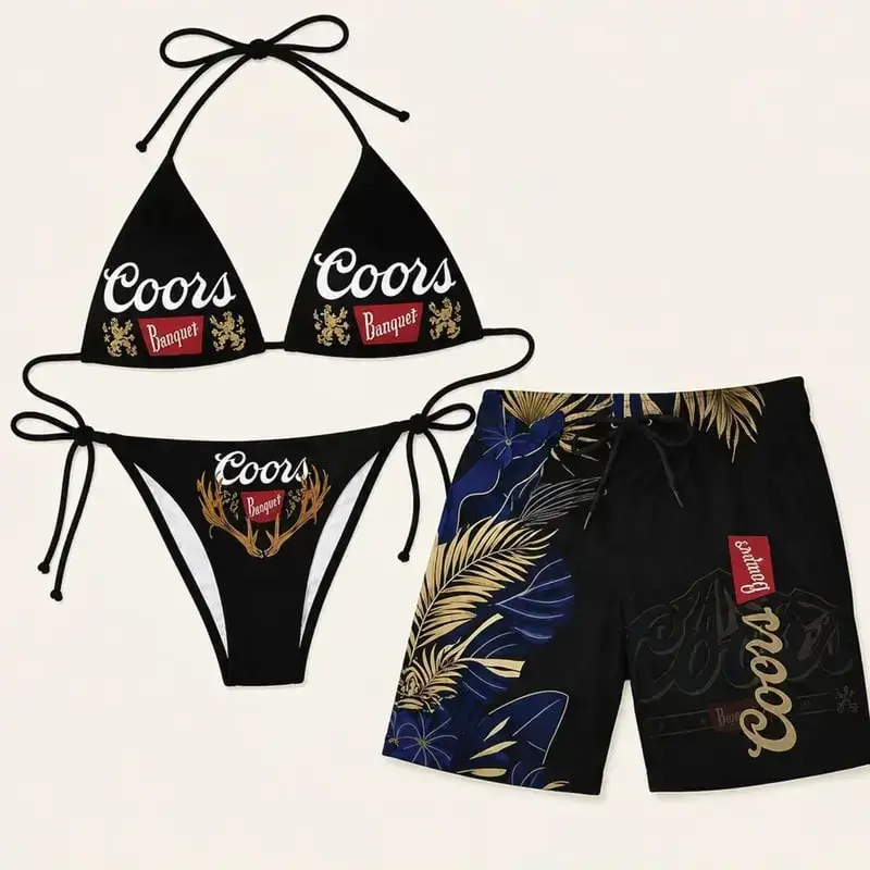 Coors Banquet Black Gold Couples Matching Swimwear Set - Women's Triangle String Bikini, Men's Tropical Board Shorts, Summer Beach Vacation Gift Outfit