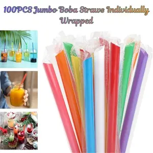 100PCS Jumbo Boba Straws Individually Wrapped, Wide Smoothie & Bubble Tea Straws, Disposable Milkshake Drinking Straws, Multi Color, Gift Idea