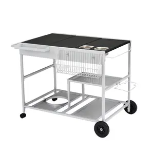 Pizza Oven Grill Table Cart, Movable Food Prep Cart with Pizza Topping Station, Gas Bottle Space, Seasoning Boxes, Outdoor Table Stand for Griddle, Patio, Home, Parties
