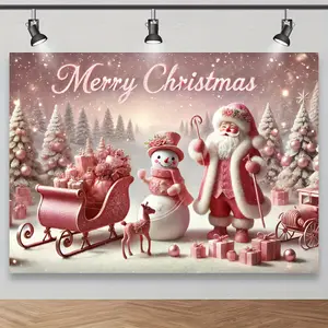 Polyester Christmas Backdrop - Magical Blush Pink Festive Design with Santa Sleigh, Snowman, Banners, Ideal for Holiday Photoshoots, Party Decoration,summerwins