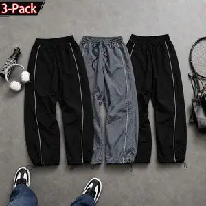 Men’s three-piece striped parachute pants set featuring a waist drawstring and cone design; lightweight summer casual jogging pants with quick-dry elastic waistband; street-style Y2K breathable athletic long pants with adjustable drawstring cuffs; thin su