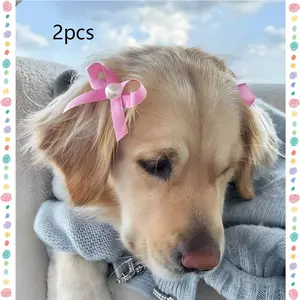 2-Piece Multi-Color Pearl Bow Pet Hair Clips, Satin Puppy Dog Accessories, Suitable for Large Dogs Like Golden Retrievers, Gentle on Fur