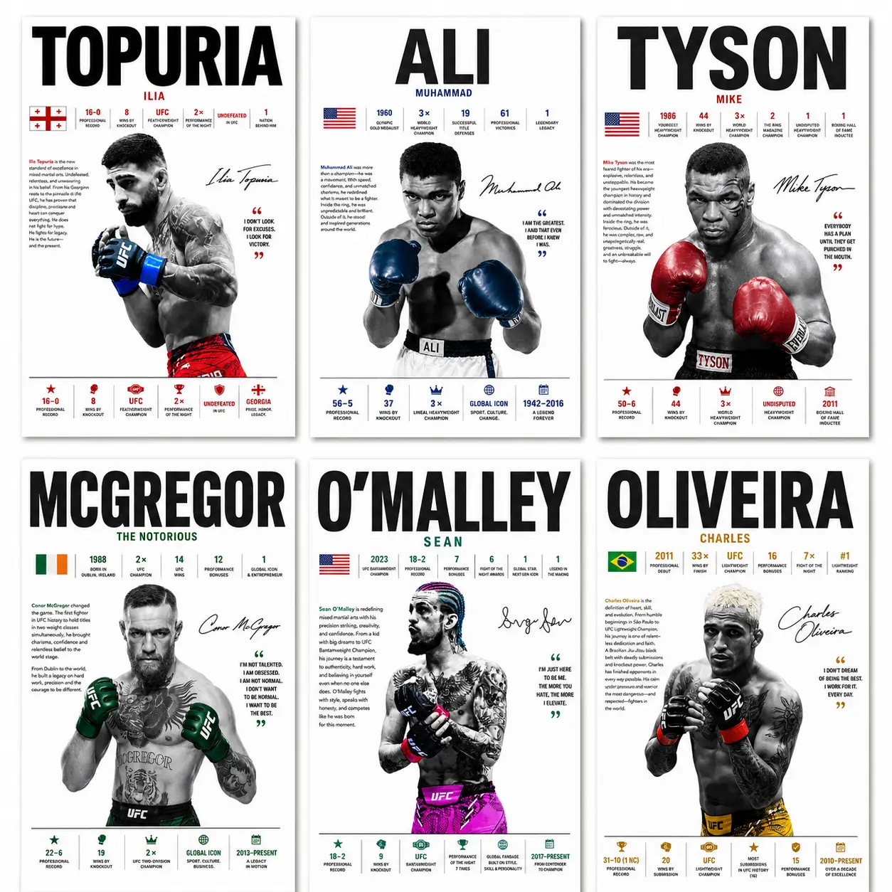 UFC Boxing Legend Champion Complete Series Collectible Canvas Poster, Tyson, Ali, Conor, Oliveira Fighters, Vintage Black and White Signed Style Wall Art, Perfect for Men's Gym Poster, Bedroom, Dorm, A Must-Have Collection for MMA and Boxing Print Poster