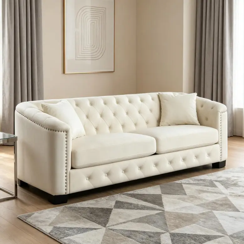 Beige + Velvet + Foam + 3 Seat