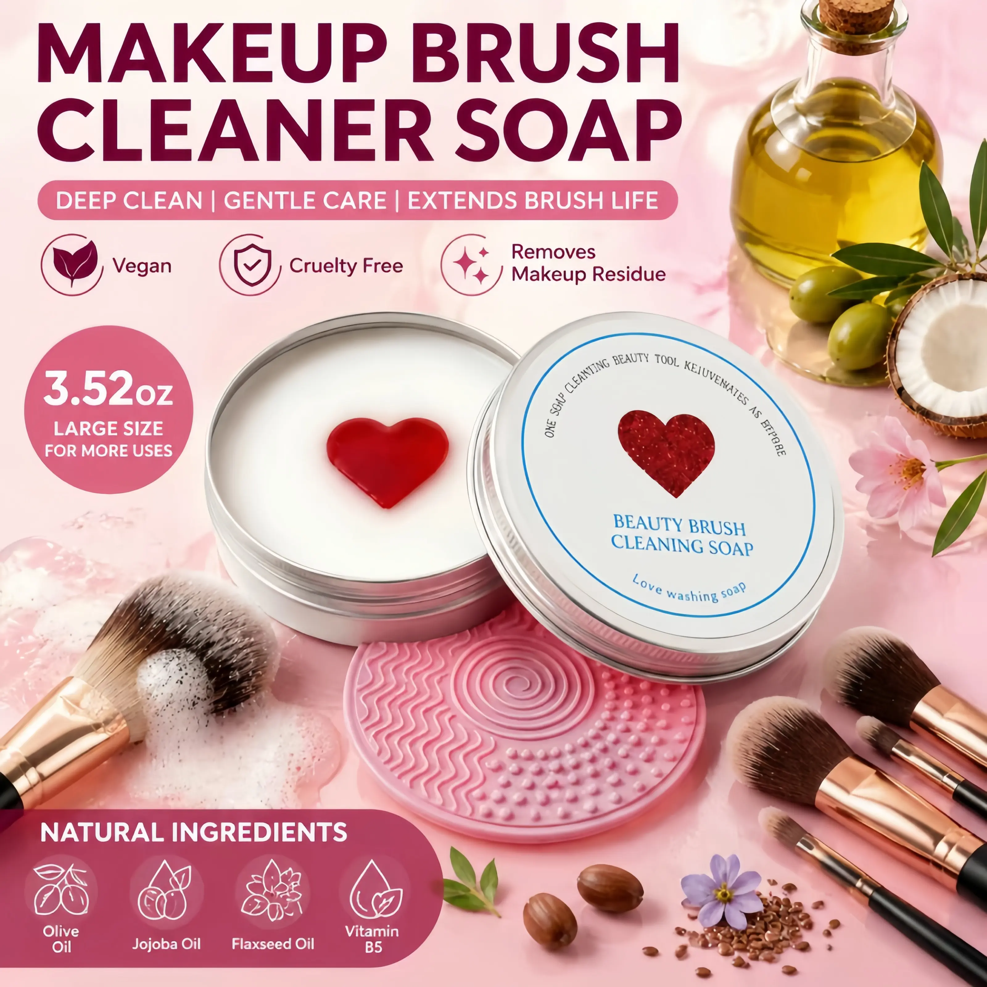 Makeup Brush Cleansing Soap with Silicone Cleaning Pad - 3.52oz/100g Makeup Brush Cleanser for Beauty Tool Maintenance, Brush Cleaner, Makeup Brush Washer