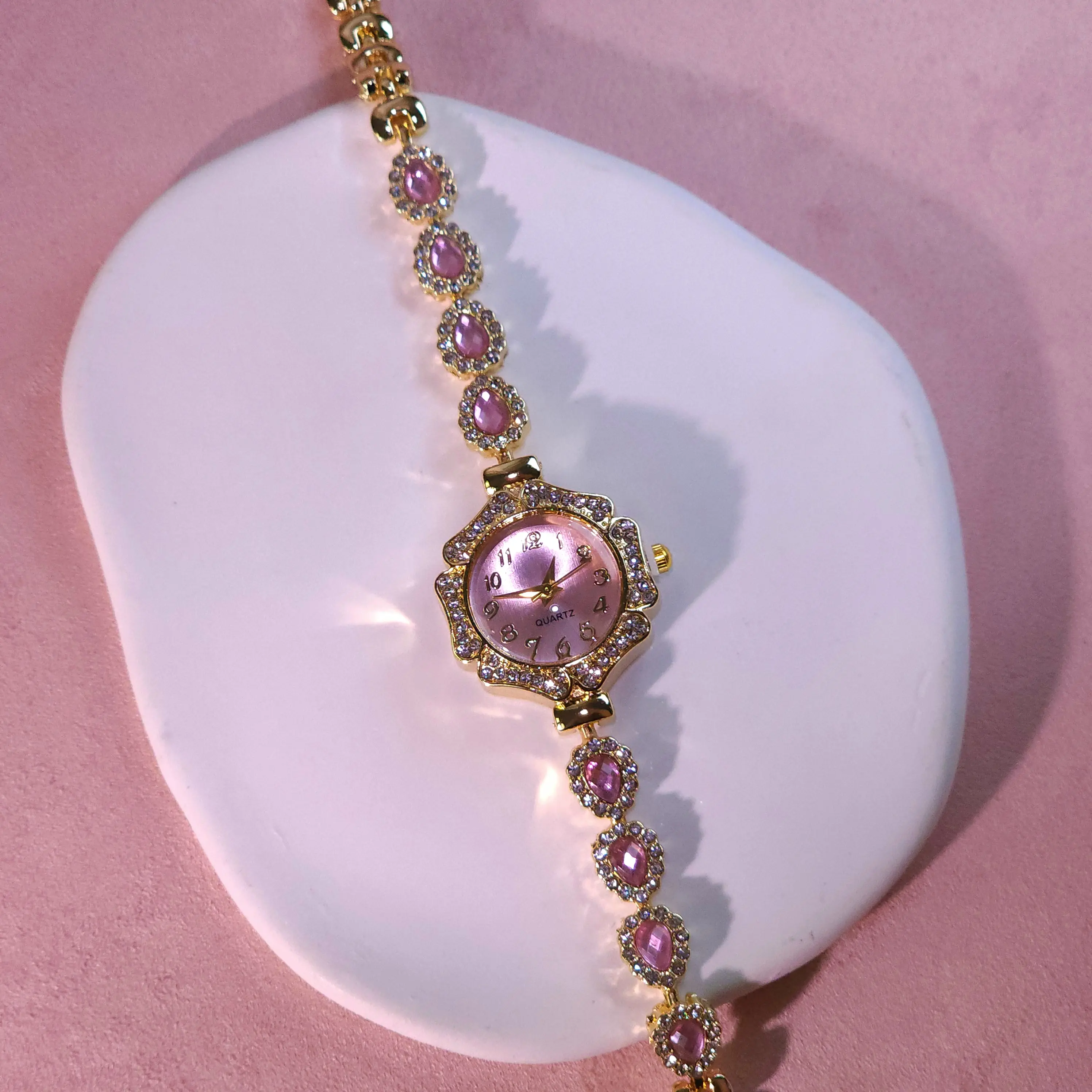 Crystal Bezel Wrist Watches for Women - Vintage Floral Gold Embellished Bracelet with Pear-Cut CZ, Glitter Fashion for Wrist Stack, Glitter Fashion Women's Watches, Gold Embellished Wrist Watches
