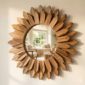 Rustic 12 Inch Round Sunburst Mirror – Carbonized Black Wood Wall Art & Farmhouse Decor – Small Boho Accent Mirror for Living Room, Entryway, & Bedroom – High Clarity Glass