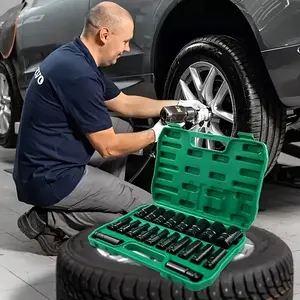 1/2-Inch Deep Impact Socket Set with Sturdy Green Storage Case Pneumatic Electric Drill Compatible Ideal for Tire Removal Mechanical Repair Auto Maintenance