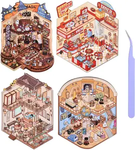 Girls 3D Miniature Scene Stickers, 4 Sets World Travel DIY House Stickers for Museun, Hotel, Magic House, Drive-In Restaurant, Cute 3D Cartoon Sticker Scenes for Adult Kids Relief Stress Pass The Time