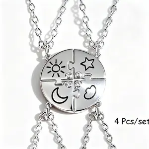 4-Piece BFF Puzzle Necklaces Set, Sun Moon Star & Cloud Rhinestone Pendant Necklaces for Best Friends Forever, Matching Friendship Jewelry Gift,summerwins