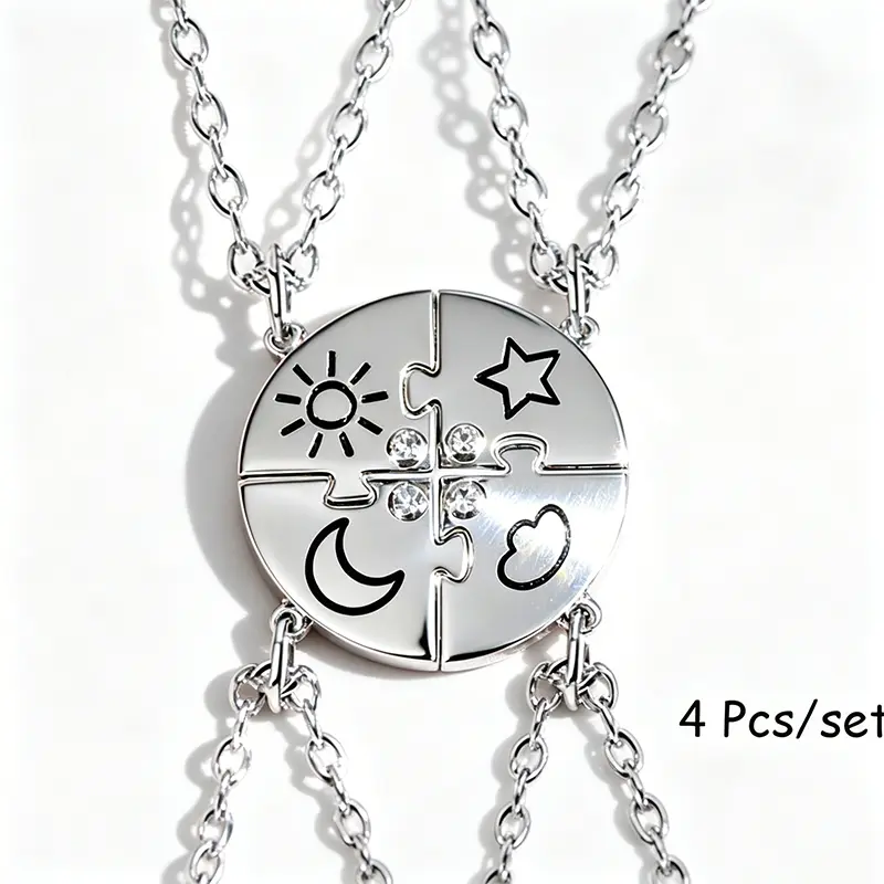 Women's 4-Piece BFF Puzzle Necklaces Set - Sun, Moon, Star & Cloud Rhinestone Pendants, Casual Daily Friendship Jewelry for Roommates, Birthday Gifts, Womens Gifts, Best Friends