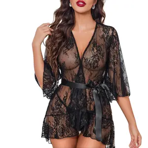 Avidlove Women's Sheer Lace Robe, Half-Sleeve Ruffled Hem Lingerie with Belt, Ideal for Wedding Night, Honeymoon