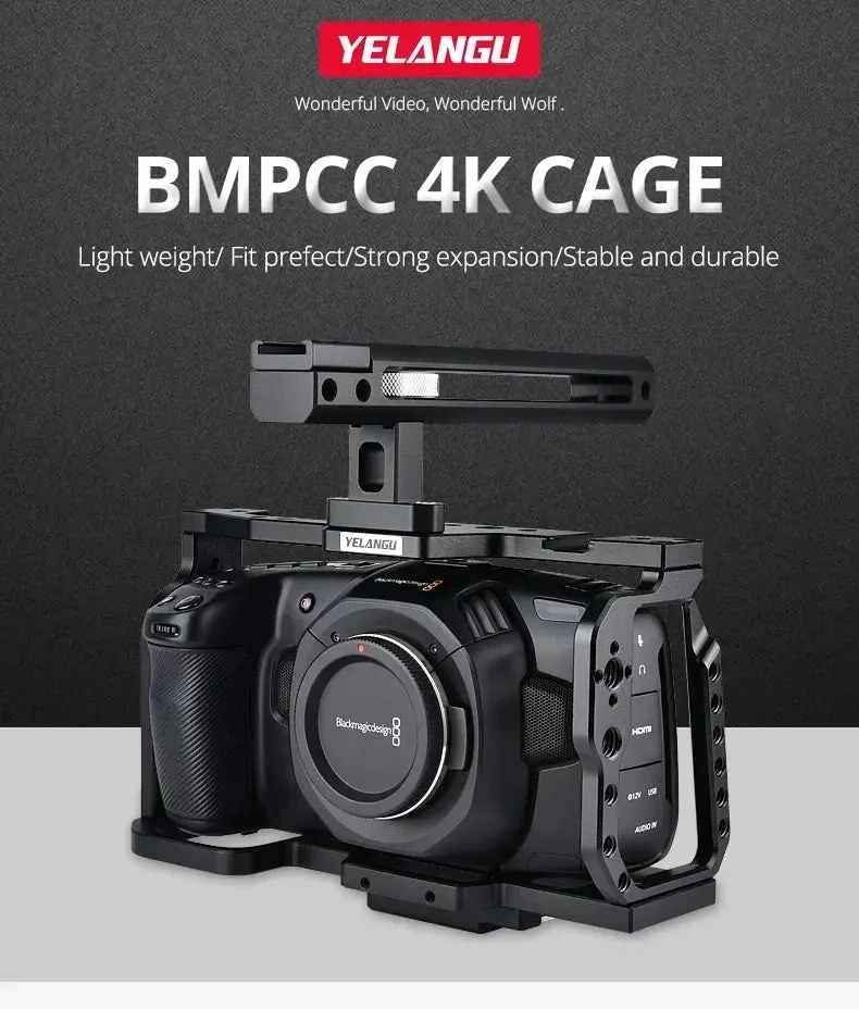 Yelangu C9 Camera Cage Rig Kit for BMPCC 4K 6K Aluminum Alloy Quick Plate Top Handle Blackmagic Design Pocket Cinema Black Magic